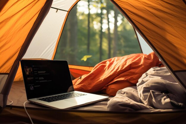 Foto arbeit mit laptop im campingzelt fernarbeitshintergrund