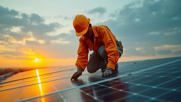 Arbeit mit Sicherheitshelm bei der Installation von Sonnenkollektoren auf dem Dach