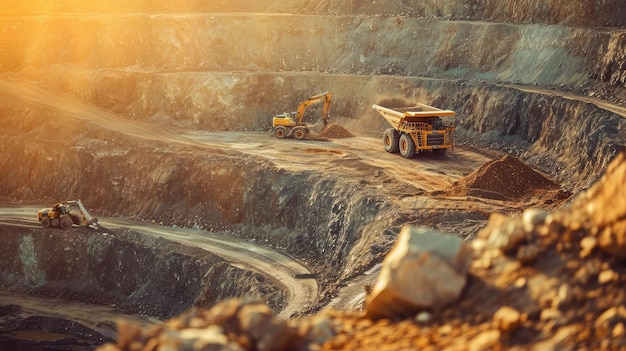 Arbeit von Lastwagen und Bagger in einem Tagebau beim Goldabbau