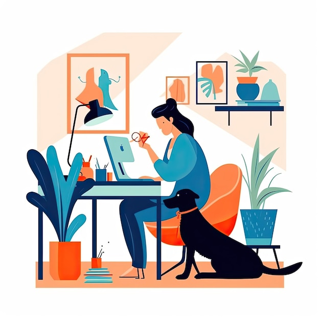 Arbeit zu Hause Büro Abstract mit Hund Konzept flache Vektor-Illustration tägliche Aktivitäten Arbeit KI generiert