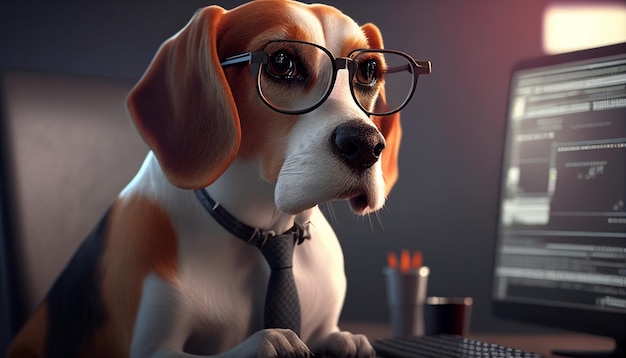 Arbeiten an einem Computer Generative AI ein Beagle-Hund in einem Business-Anzug