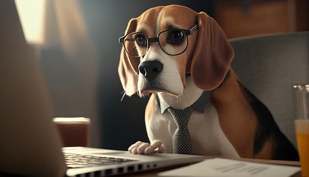 Arbeiten an einem Computer Generative AI ein Beagle-Hund in einem Business-Anzug