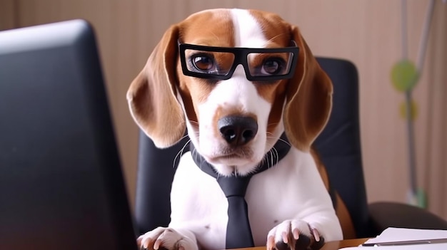 Arbeiten an einem Computer Generative AI ein Beagle-Hund in einem Business-Anzug