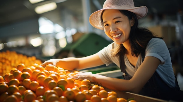 Arbeiten Sie an der Orangensortierlinie in einer landwirtschaftlichen Verarbeitungsfabrik mit einem Stapel reifer Mandarinen