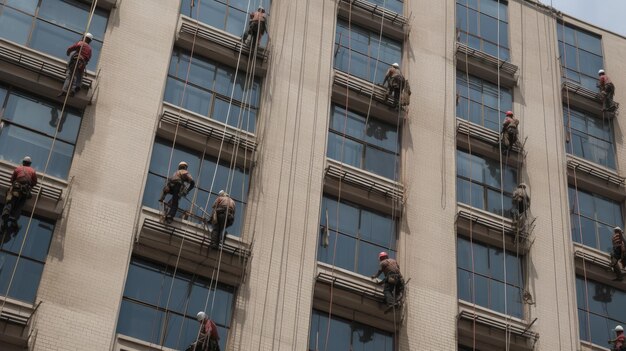 Arbeiter arbeiten in großer Höhe an Gebäuden