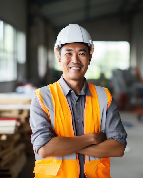 Arbeiter asiatischer Mann mit gekreuztem Arm und orangefarbener Schutzweste Helm auf Bauhintergrund