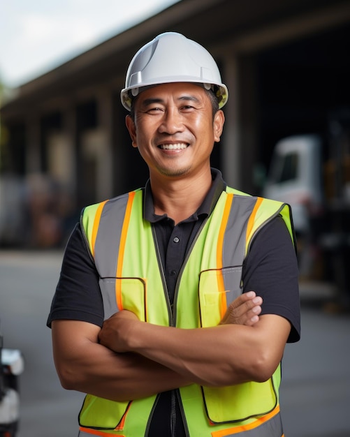 Arbeiter asiatischer Mann mit gekreuztem Arm und orangefarbener Schutzweste Helm auf Bauhintergrund