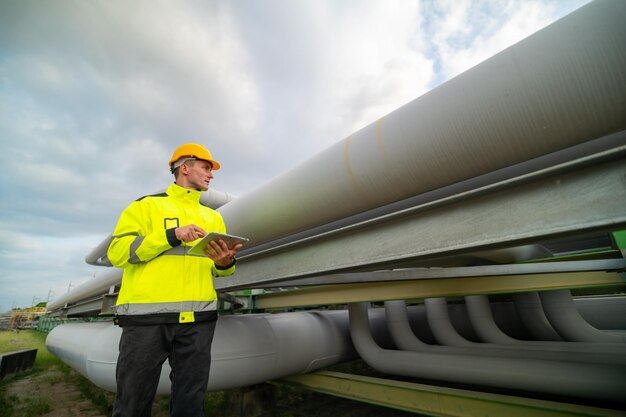 Arbeiter auf dem Standort überprüft Daten auf einem Tablet während der Inspektion der Pipeline-Infrastruktur unter bewölktem Himmel in einem Industriegebiet