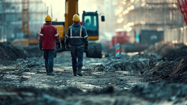 Arbeiter auf der Baustelle in Richtung Bagger