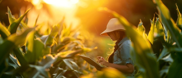 Arbeiter auf der Farm Arbeit mit Computer auf der Farm Geschäft auf der Farm Landwirt auf dem grünen Maisfeld mit Laptop Agronom auf der Farm Bauernarbeiter