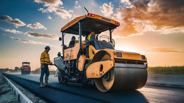 Arbeiter bei der Bedienung einer Asphaltmaschine beim Straßenbau