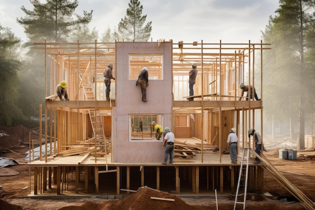 Arbeiter bei der Montage eines vorgefertigten Hauses Bauarbeiter bei der Montagung eines vorgefabrizierten Hauses, die von KI generiert werden