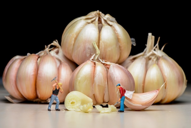 Foto arbeiter brechen zwiebeln