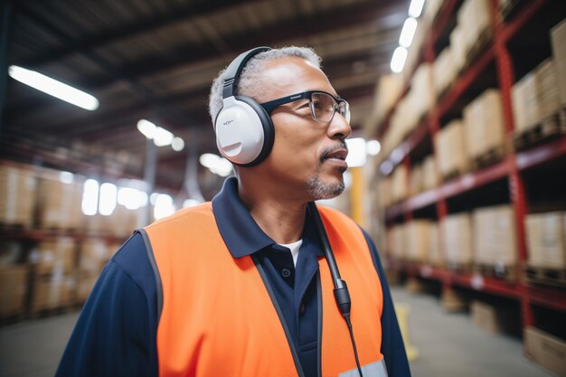 Foto arbeiter, der ein headset trägt und das lagerklima kontrolliert