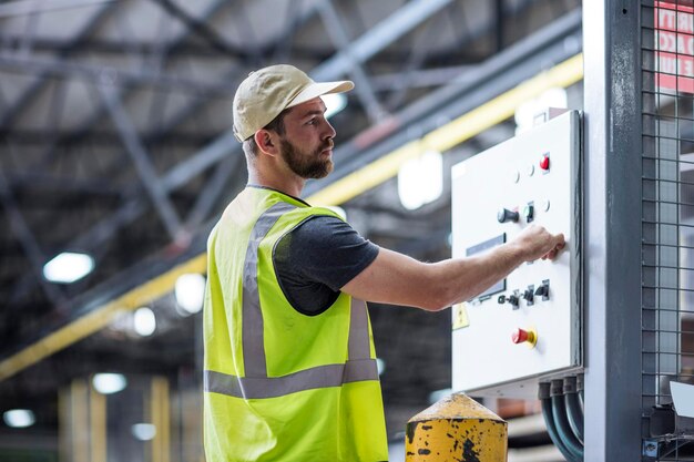 Arbeiter, der eine Maschine in der Fabrik bedient