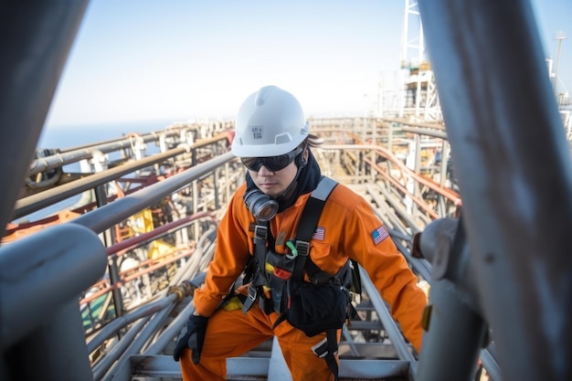 Arbeiter der Öl- und Gasindustrie steigen an Bord eines Druckgasbehälters, um den Öl- und Gastrocknungsprozess auf dem Schiff zu inspizieren. Arbeiter einer Bohrinsel