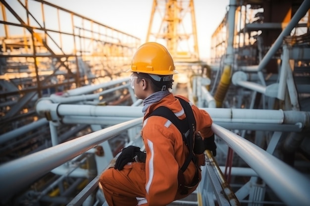 Arbeiter der Öl- und Gasindustrie steigen an Bord eines Druckgasbehälters, um den Öl- und Gastrocknungsprozess auf dem Schiff zu inspizieren. Arbeiter einer Bohrinsel