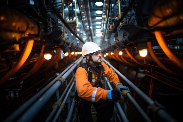 Arbeiter der Öl- und Gasindustrie steigen an Bord eines Druckgasbehälters, um den Öl- und Gastrocknungsprozess auf dem Schiff zu inspizieren. Arbeiter einer Bohrinsel