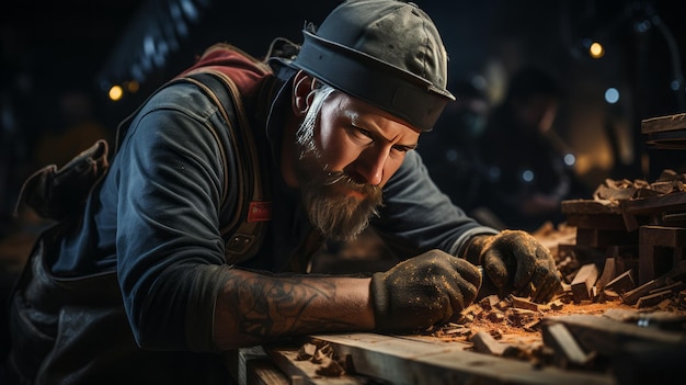 Arbeiter, der mit seiner Arbeit an Stückchen aus Holz aus der Baubranche die Details vorbereitet