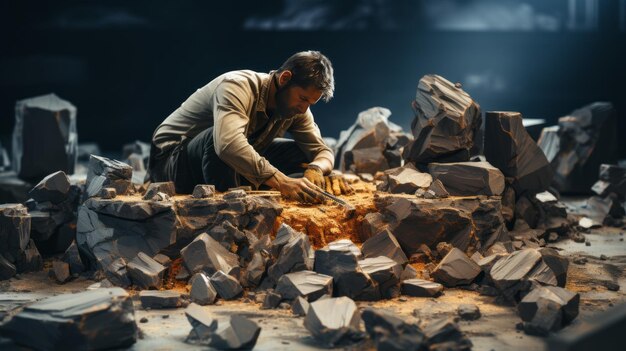 Arbeiter, der mit seiner Arbeit an Stückchen aus Holz aus der Baubranche die Details vorbereitet