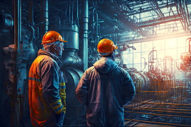 Arbeiter der petrochemischen Industrie sind in der Werkstatt der Fabrik und beobachten die Arbeit