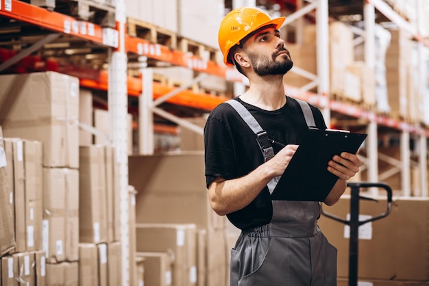 Arbeiter, der Waren in der Fabrik überprüft