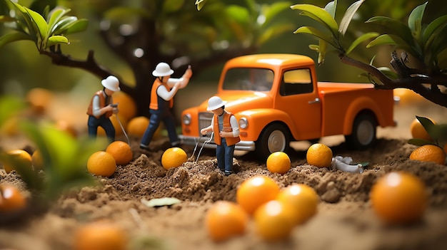 Foto arbeiter, die an orangefarbenen figuren arbeiten