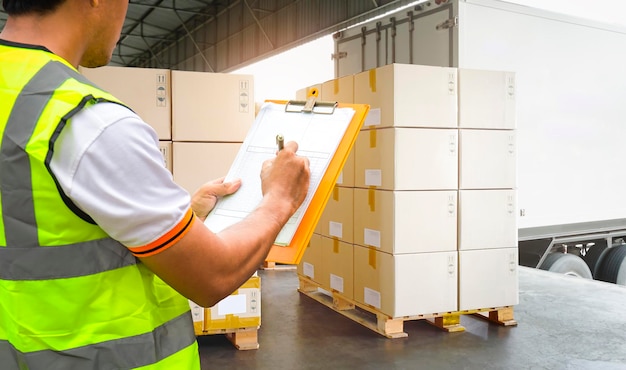 Arbeiter, die die Zwischenablage seiner Kontrolle beim Laden von Paketboxen in die Lieferkette von Frachtcontainern halten