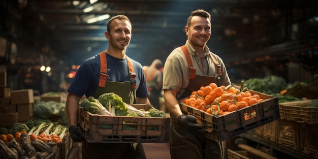 Arbeiter, die Kisten mit Gemüse im Lager transportieren