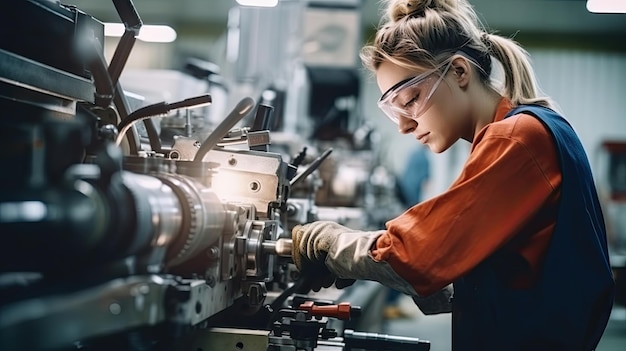 Foto arbeiter, die schutzbrillen tragen, steuern drehmaschinen, um komponenten zu bohren. industrielle fertigungsfabrik für metalldrehmaschinen