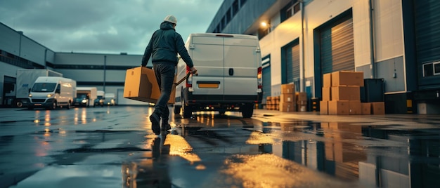 Foto arbeiter entladen kartonkisten auf einem handlastwagen außerhalb logistik verteilungen lager lieferwagen online-ordern einkäufe e-commerce waren nahrungsmittel medizinische vorräte