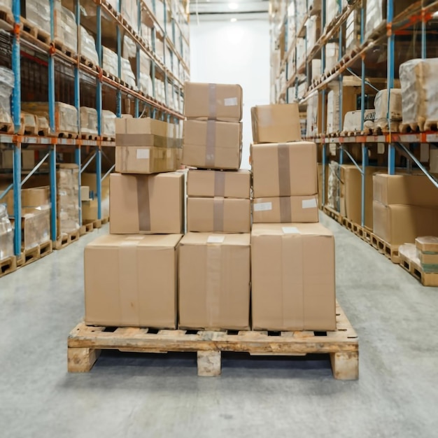 Arbeiter entladen Verpackungsboxen auf Paletten im Lagerhaus Generative KI