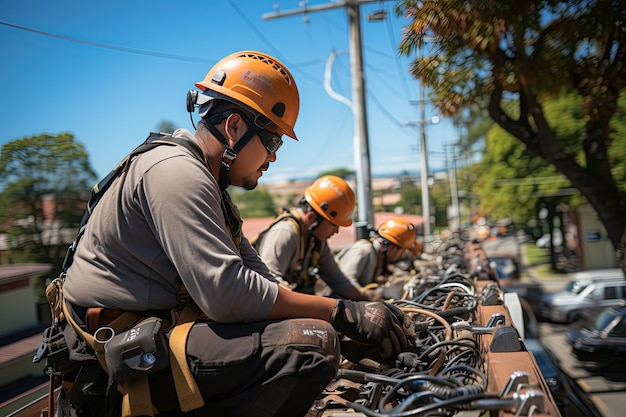 Arbeiter führen Aufgaben in großer Höhe an Telefonmasten aus und verwenden dabei Seile zur Aufhängung. Generiert mit KI