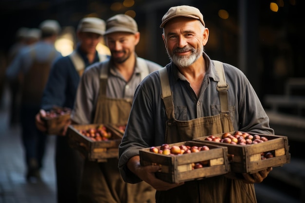 Arbeiter halten Kisten mit Äpfeln im Lager agribusiness Konzept