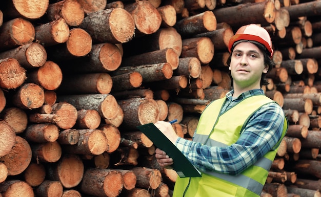 Arbeiter im Helm zählt Holz