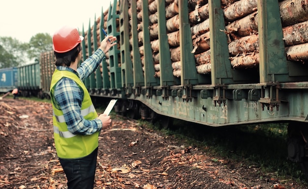 Arbeiter im Helm zählt Holz