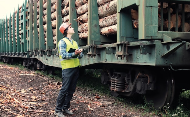 Arbeiter im Helm zählt Holz