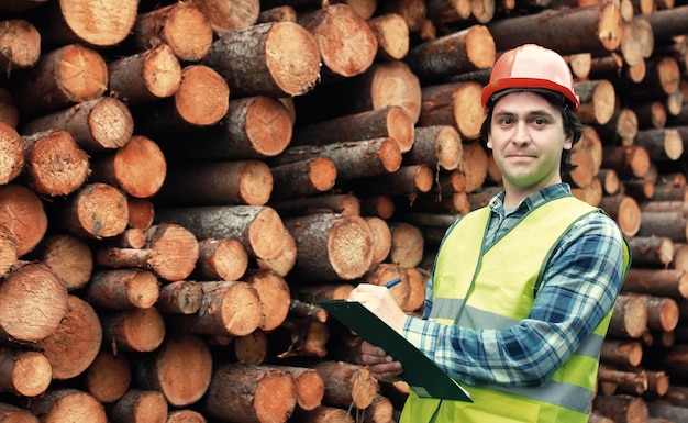 Arbeiter im Helm zählt Holz