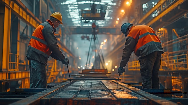 Arbeiter in der Stahlindustrie befestigen Stahl an einem Kran