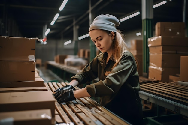 Arbeiter in einem Lager in der Logistikbranche Paketbearbeitung am Fließband Transport und Auftragsabwicklung im Handel Generative ai