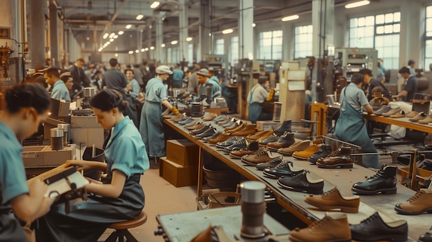 Arbeiter in einer Schuhfabrik, die Basketballschuhe herstellen