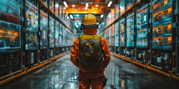 Arbeiter in Hartmütze und roter Uniform im Hintergrund des Lagerhauses