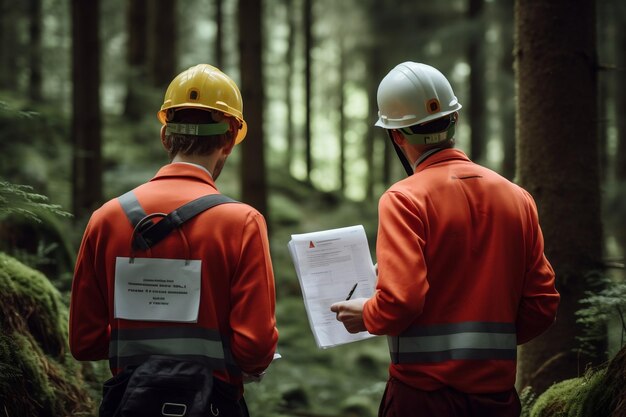 Arbeiter in Schutzausrüstung inmitten der generativen KI des Waldes