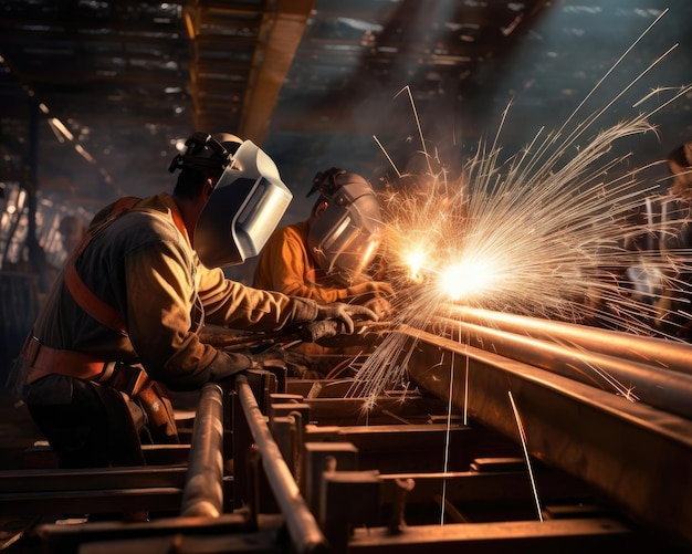 Arbeiter in Schutzkleidung schweißen Metallträger