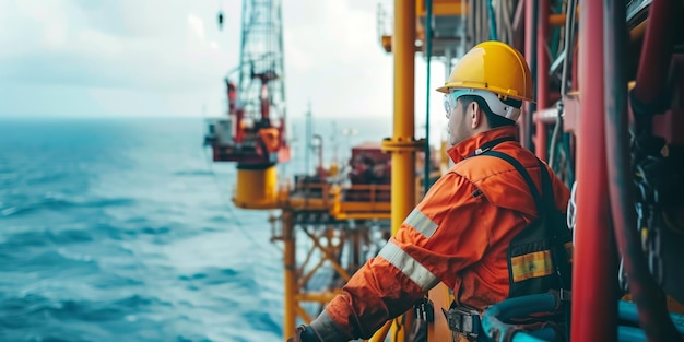 Arbeiter in Sicherheitsbekleidung vor dem Hintergrund einer riesigen Offshore-Ölplattform im Meer Generative KI