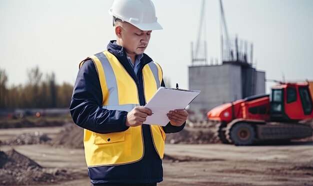 Arbeiter in Uniform und Schutzhelm notieren Maße auf Notizblock. Erstellen mit generativen KI-Tools