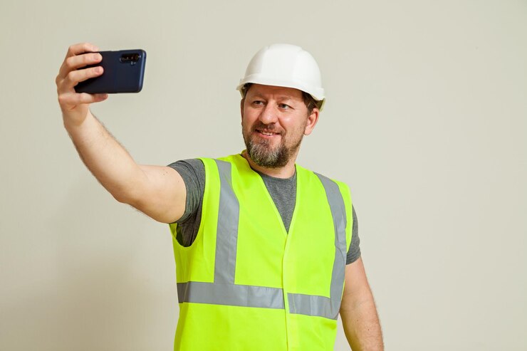 Arbeiter in Weste und weißem Helm