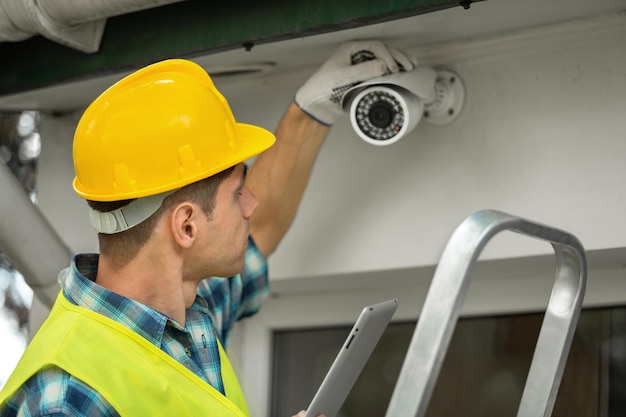 Arbeiter installieren Kamera im Freien CCTV Installation Wizard-Konzept.