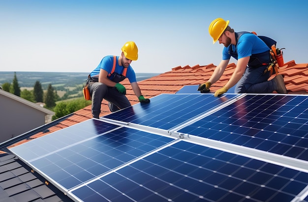 Arbeiter installieren Sonnenkollektoren auf dem Dach