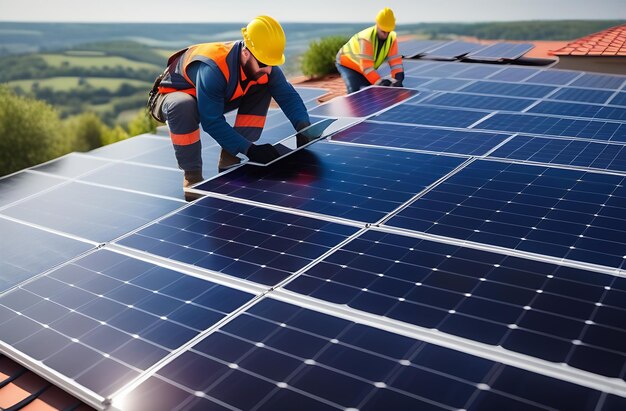 Foto arbeiter installieren sonnenkollektoren auf dem dach